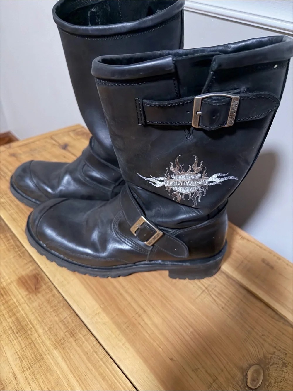 Harley-Davidson Black Leather Engineer Boots with Flame Logo